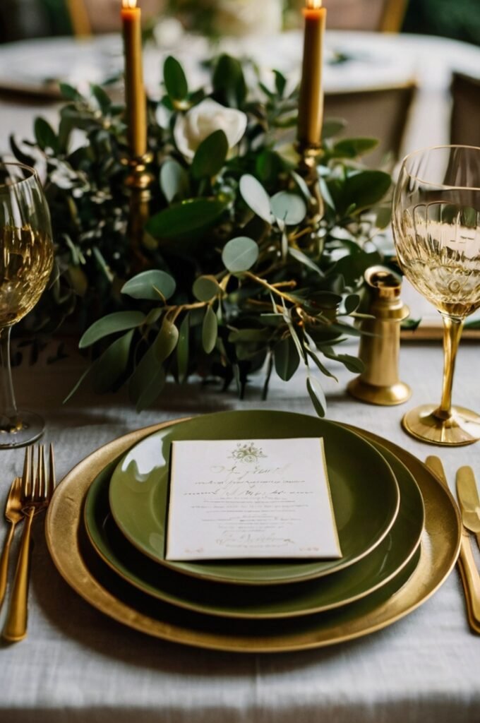 Gold and Olive Green Table Settings