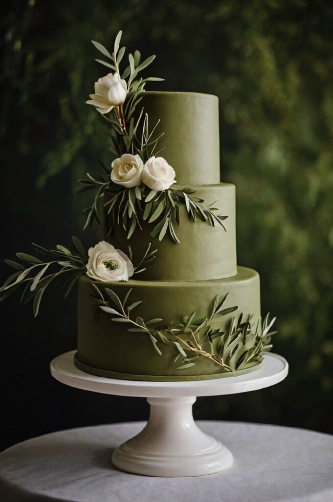 Olive Green and White Wedding Cake