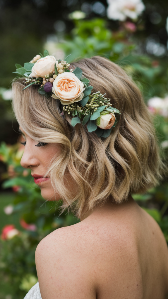 Textured Wavy Bob with Floral Headpiece