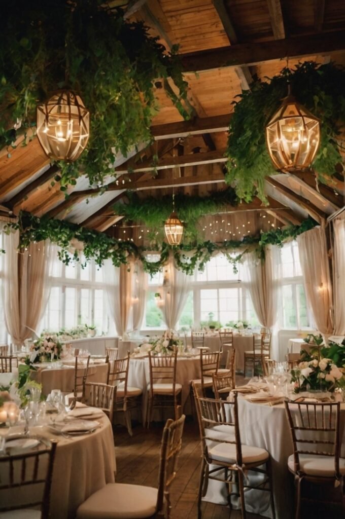 Ceiling Decor with Hanging Florals and Drapes